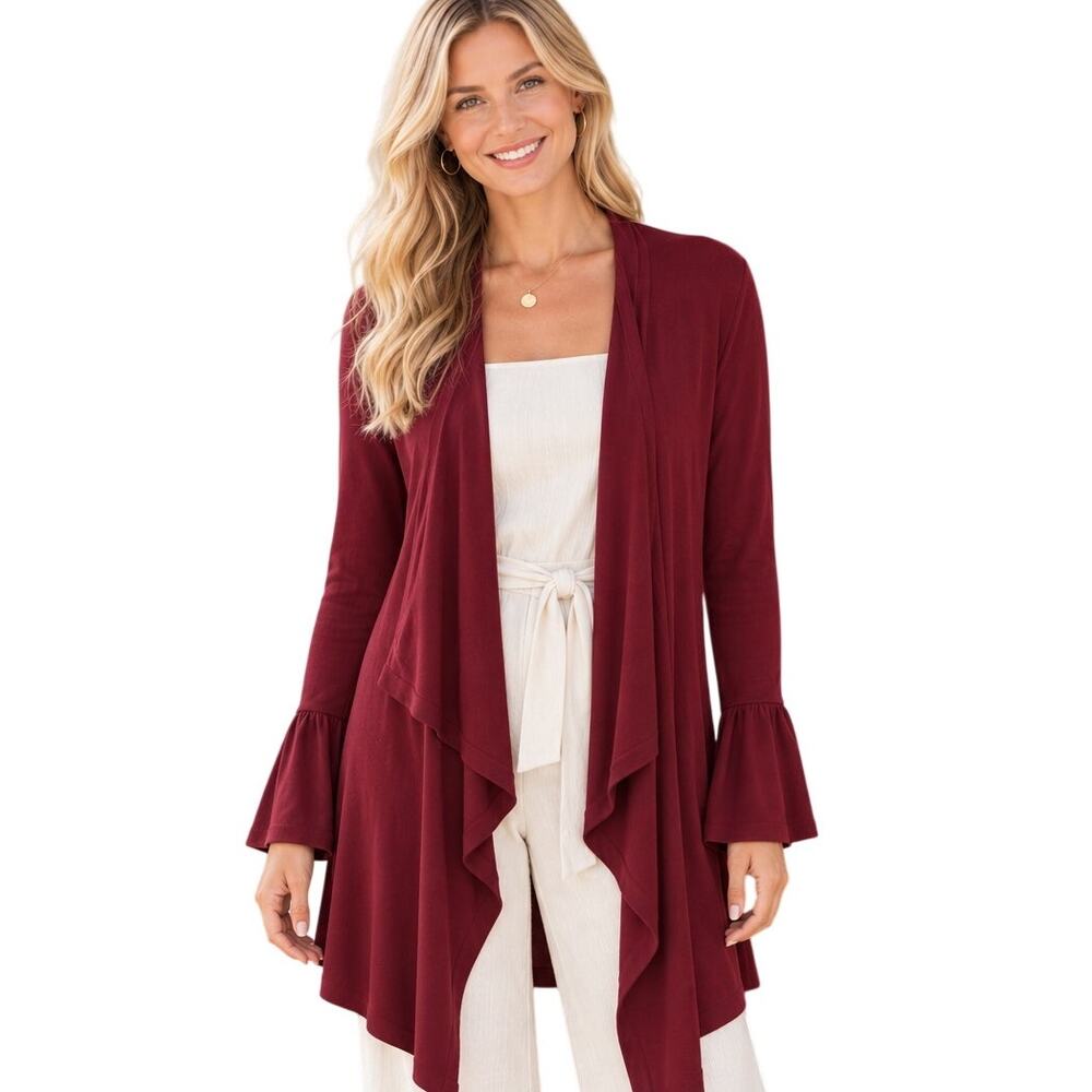 WHBM Draped Open Cardigan Womens Medium Burgundy Bell Sleeves Topper Sweater